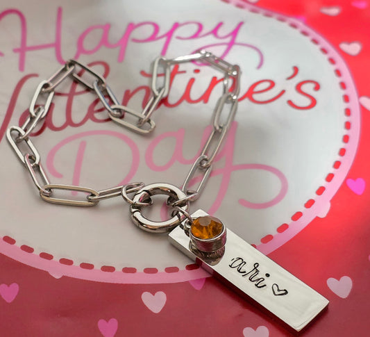 Vertical Tag Birthstone PaperClip Bracelet